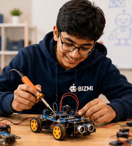A Bizmi student soldering a robotics kit