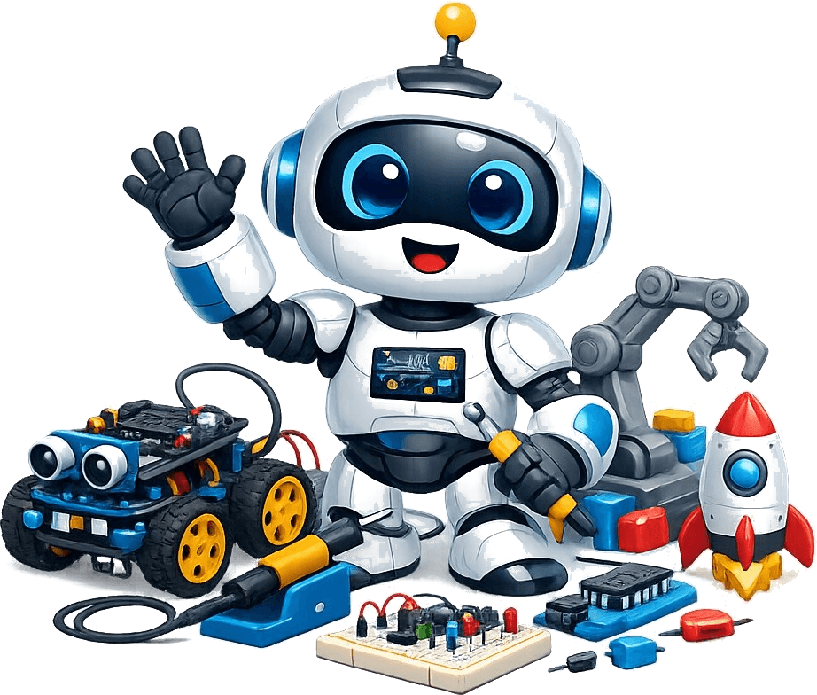 Bizmi robot mascot waving, surrounded by robotics kit parts